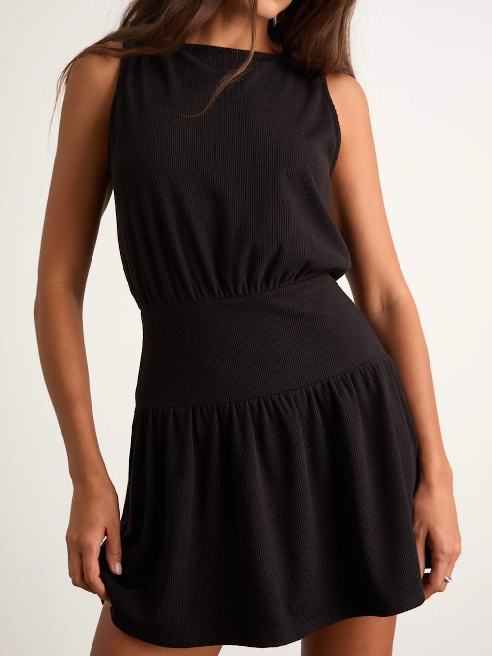 LULU’S Junie Black Ribbed Knit Boat Neck Mini Dress